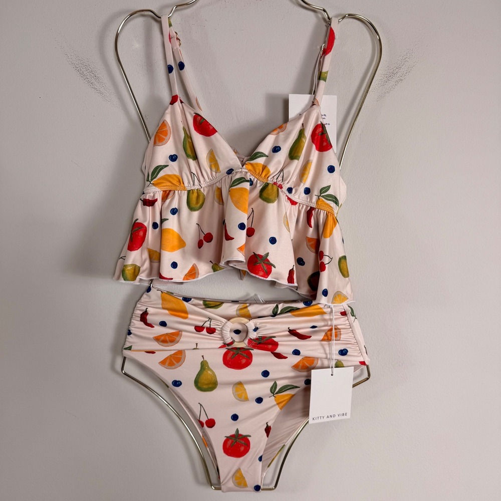 Kitty and Vibe Fruit Print Bikini Set XS Top XS2 High Waisted Bottom NEW Cream